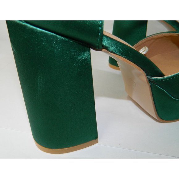 Size 8 Forever Emerald Green Satin Runway Block Heel Closed Toe Shoes Platform - Picture 6 of 16